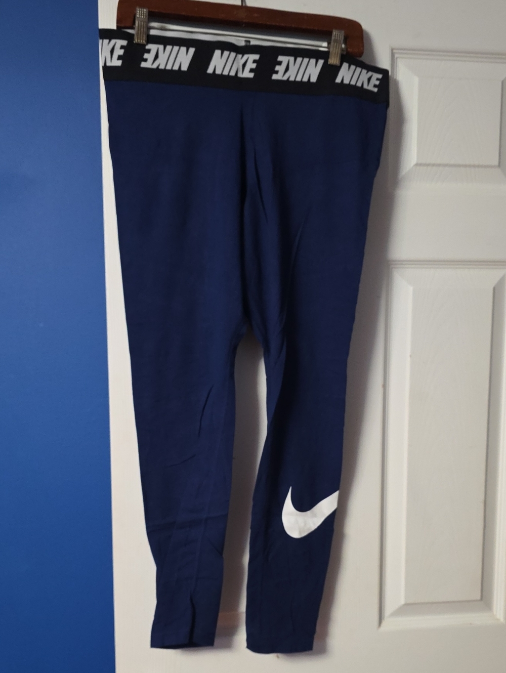 Nike Womens Navy Leggings with White Swoosh and Branded Waistband